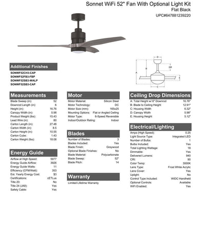 Antique Hardware 52" Sonnet WiFi in Flat Black  w/ Greywood Blades Ceiling Fan