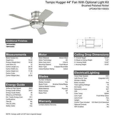##Antique Hardware## 44" Tempo Hugger in Brushed Polished Nickel w/ Brushed Nickel/Maple Blades
