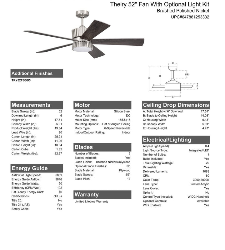 Antique Hardware 52" Theiry in Brushed Polished Nickel w/ Brushed Nickel/Greywood Blades Ceiling Fan