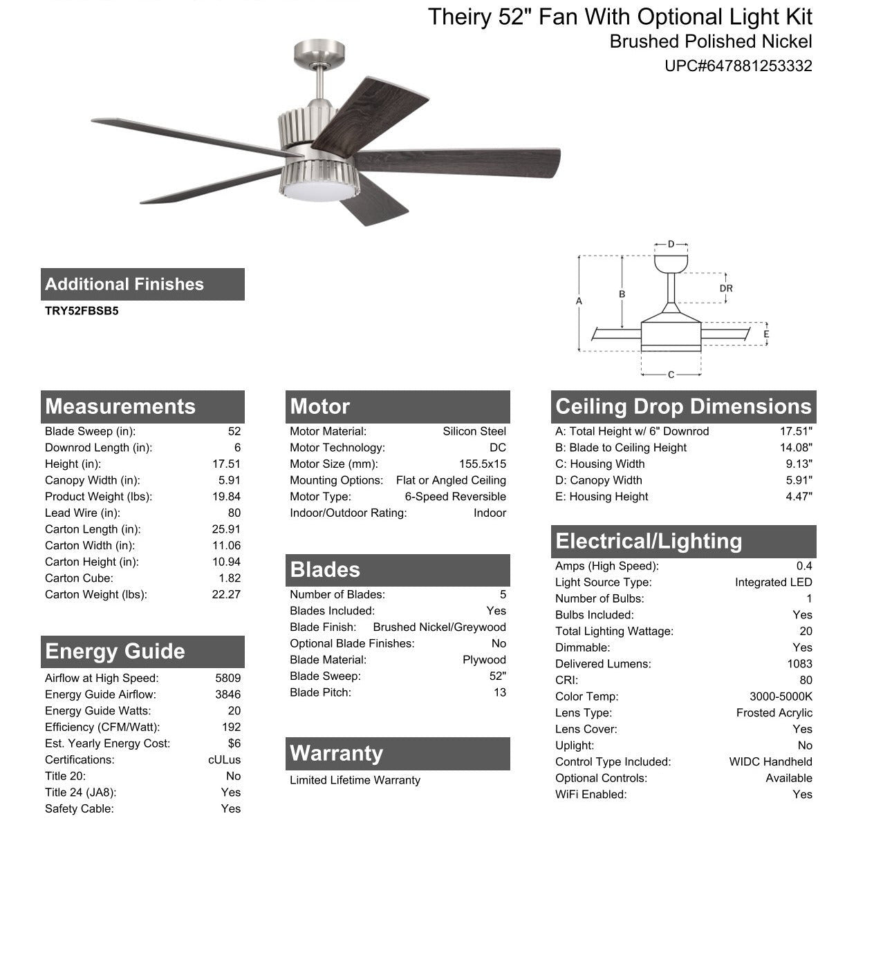 Antique Hardware 52" Theiry in Brushed Polished Nickel w/ Brushed Nickel/Greywood Blades Ceiling Fan