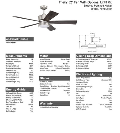 Antique Hardware 52" Theiry in Brushed Polished Nickel w/ Brushed Nickel/Greywood Blades Ceiling Fan