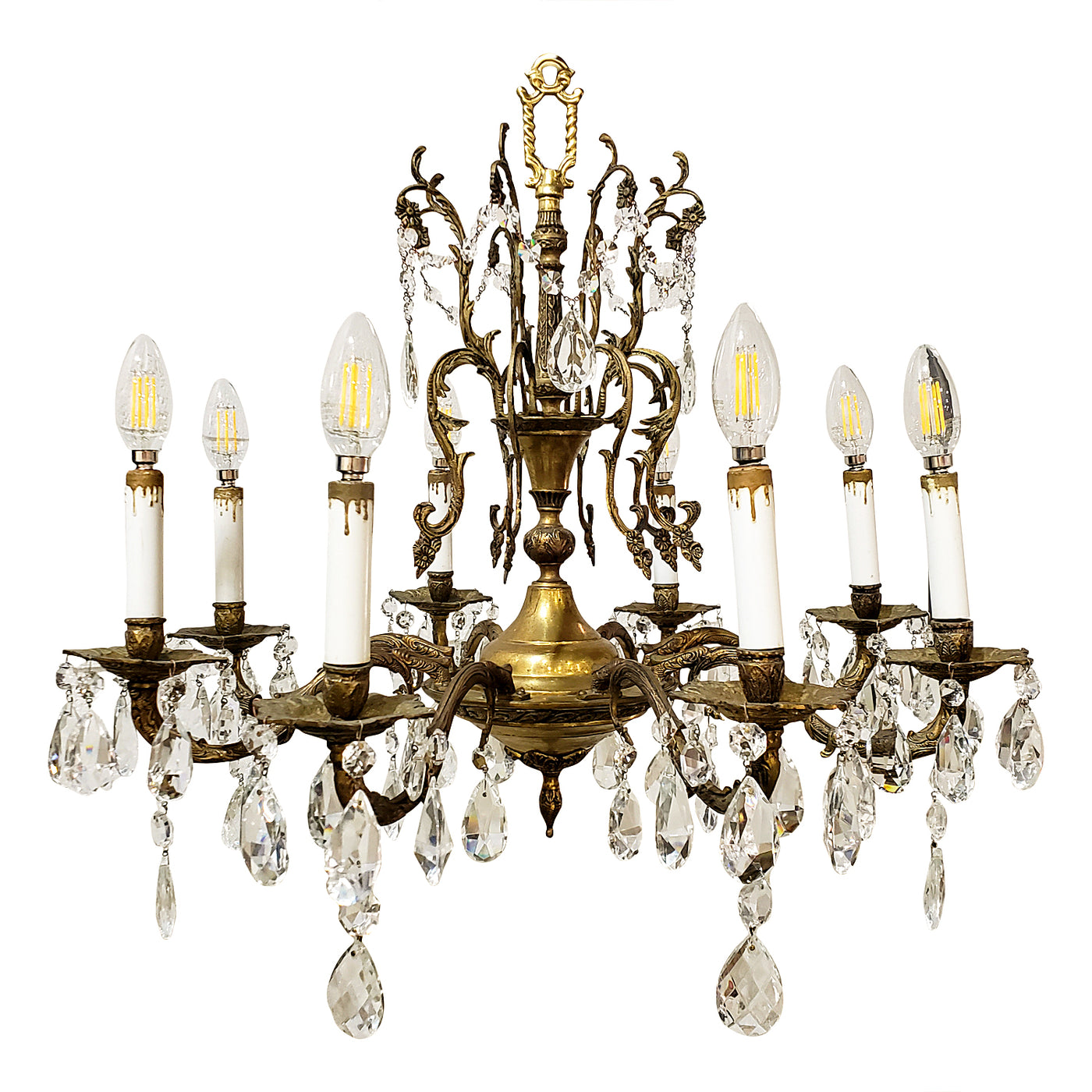 Antique Hardware Exquisite Antique Spanish Brass 8 Arm Chandelier & Crystal Prisms Chandeliers