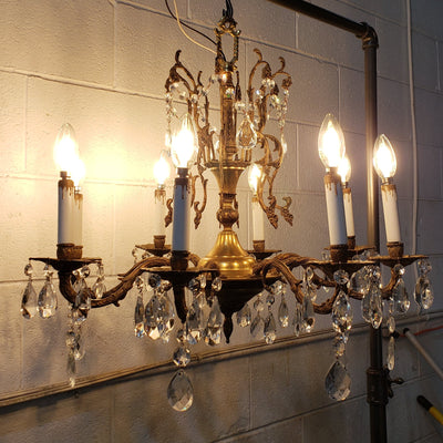 Antique Hardware Exquisite Antique Spanish Brass 8 Arm Chandelier & Crystal Prisms Chandeliers