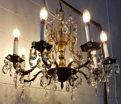 Antique Hardware Exquisite Antique Spanish Brass 8 Arm Chandelier & Crystal Prisms Chandeliers
