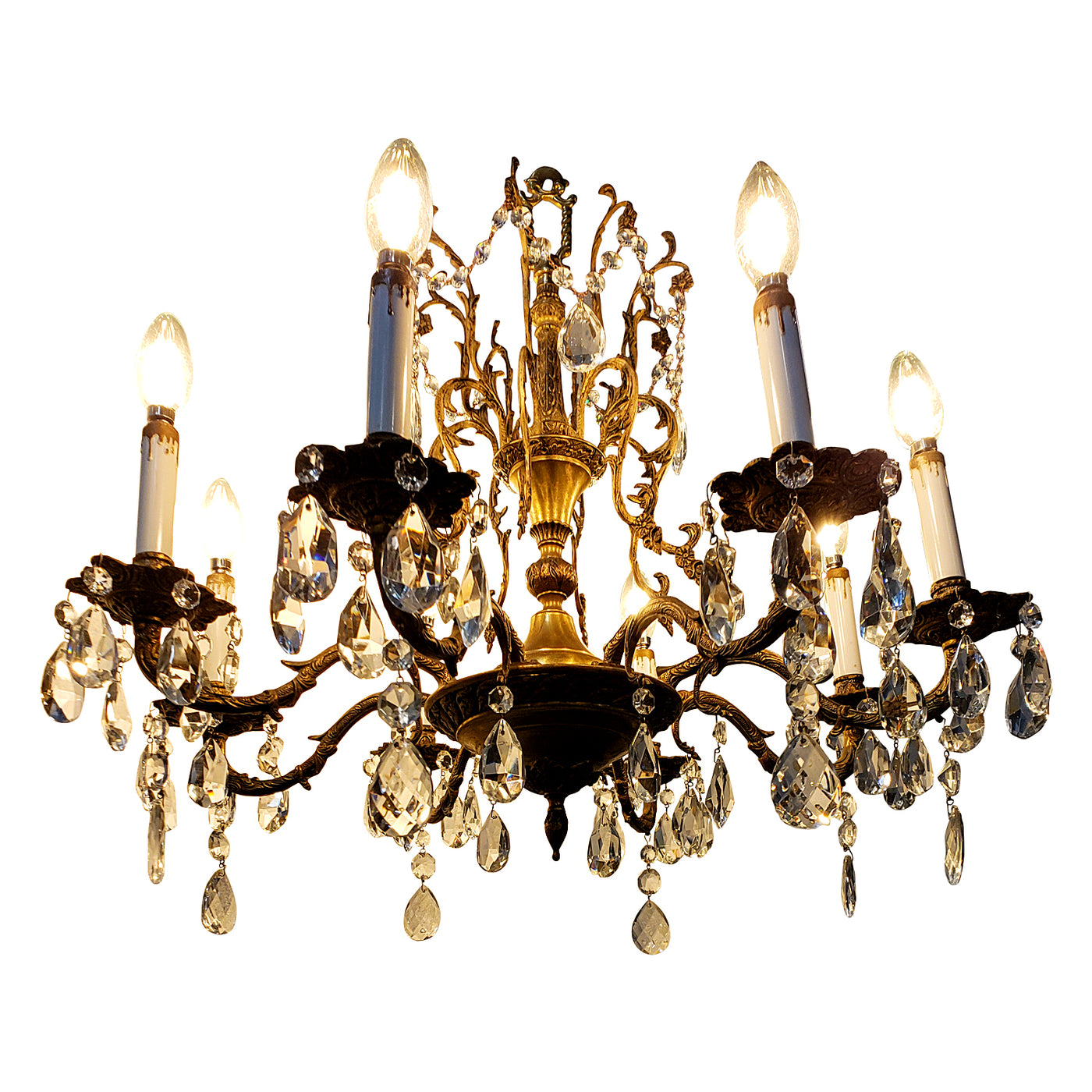 Antique Hardware Exquisite Antique Spanish Brass 8 Arm Chandelier & Crystal Prisms Chandeliers