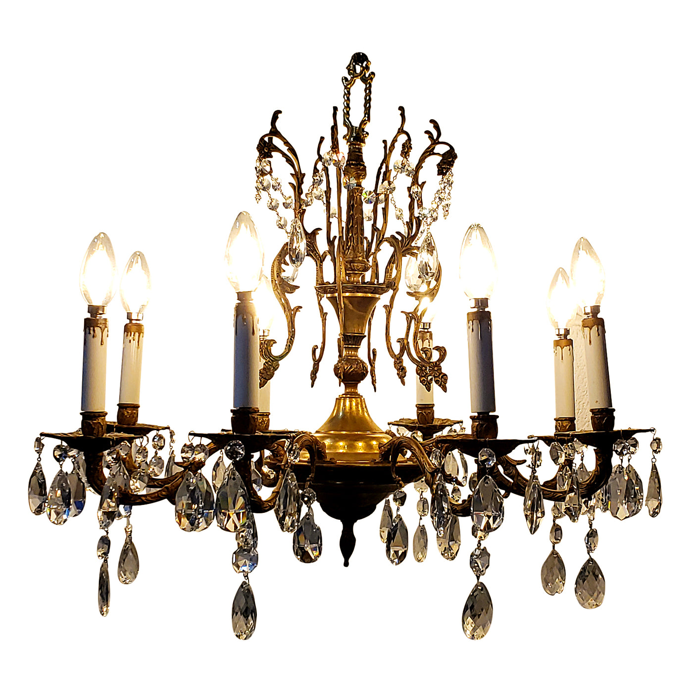 Antique Hardware Exquisite Antique Spanish Brass 8 Arm Chandelier & Crystal Prisms Chandeliers