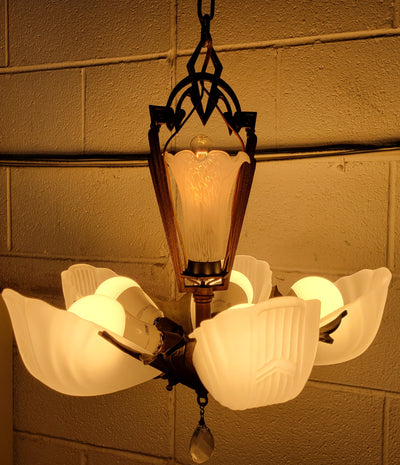 Antique Hardware 38 Inch Theatre Style 5-Light Antique Chandelier With Slipshades Chandeliers