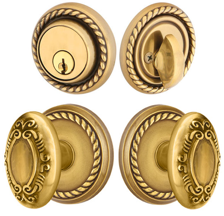 Antique Hardware Emtek Solid Brass Victoria Door Knob Deadbolt with Georgian Rope Rosette ENTRYWAY