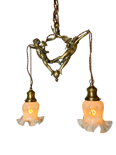 Antique Hardware 22 Inch Handmade Antique Cherub Two-Light Chandelier With Brass Chain VICTORIAN CHERUB CHANDELIER