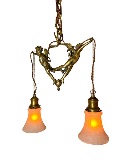 Antique Hardware 22 Inch Handmade Antique Cherub Two-Light Chandelier With Brass Chain VICTORIAN CHERUB CHANDELIER