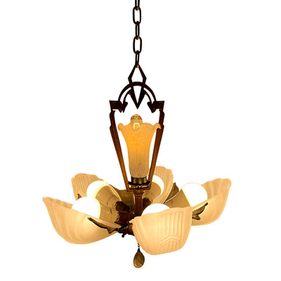 Antique Hardware 38 Inch Theatre Style 5-Light Antique Chandelier With Slipshades Chandeliers