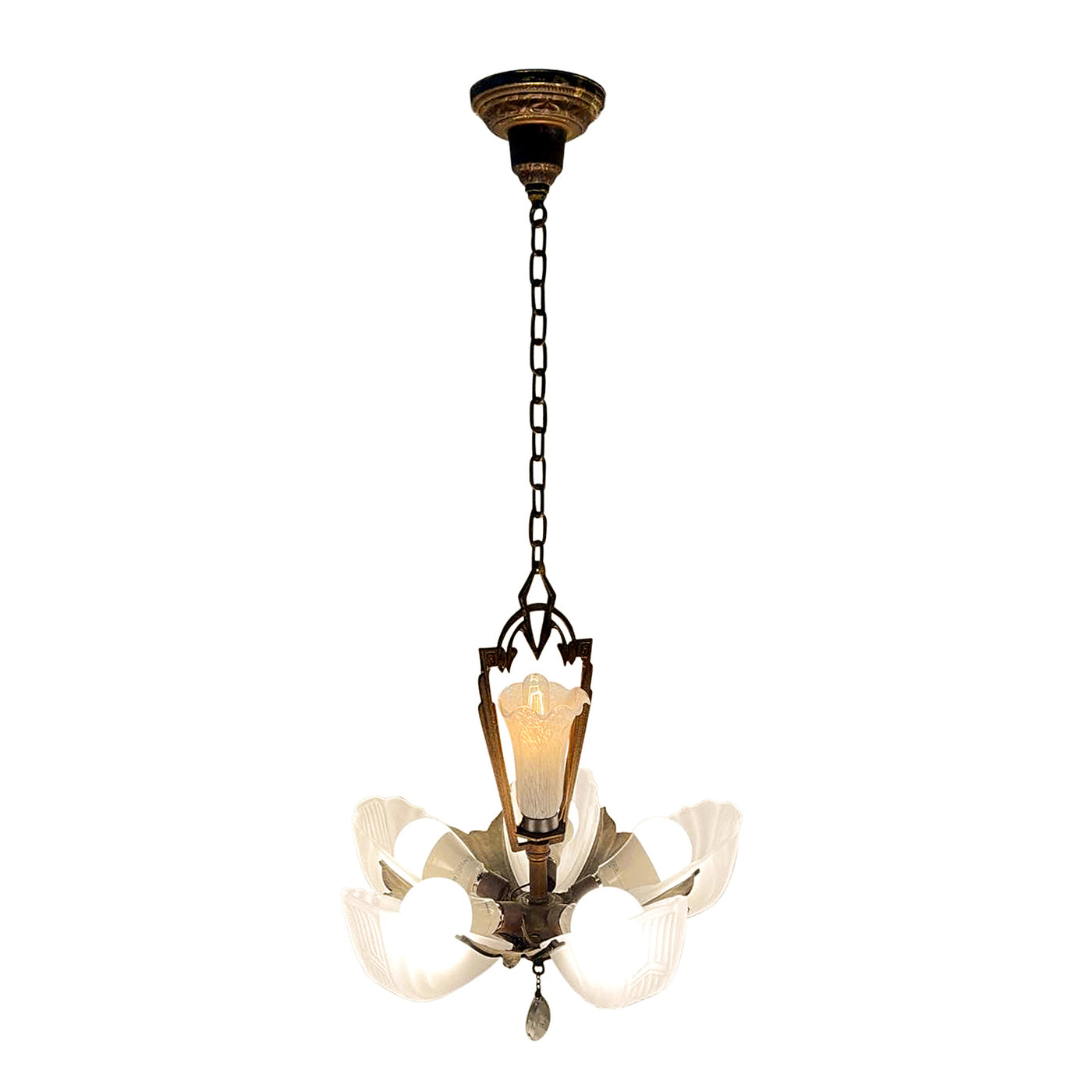 Antique Hardware 38 Inch Theatre Style 5-Light Antique Chandelier With Slipshades Chandeliers