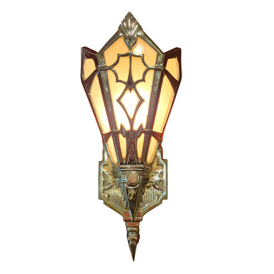 Antique Hardware 14 Inch Art Deco Stained Glass Shade Pink Champagne Wall Sconce in Polished Chrome ART DECO LIGHTING