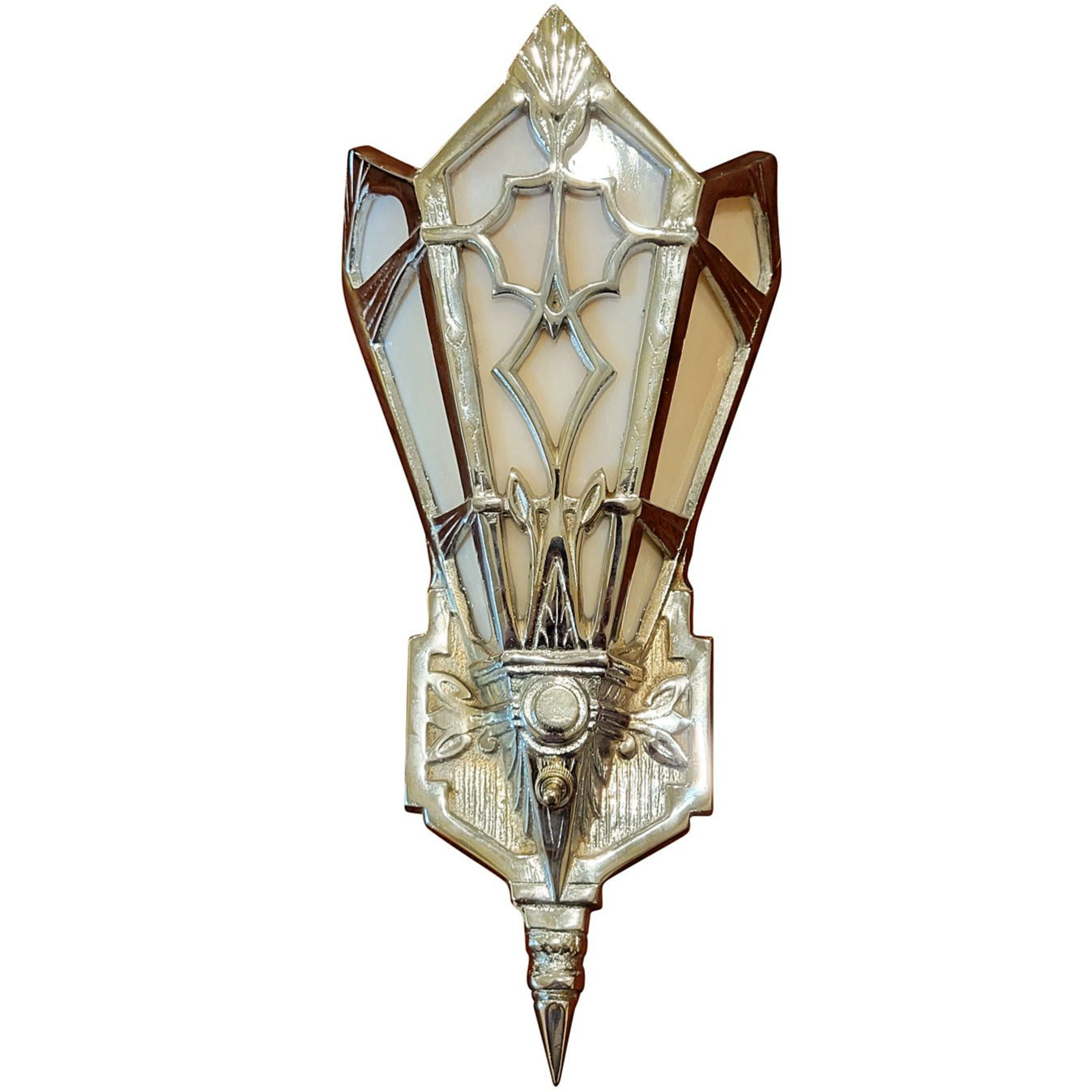 Antique Hardware 14 Inch Art Deco Stained Glass Shade Pink Champagne Wall Sconce in Polished Chrome ART DECO LIGHTING