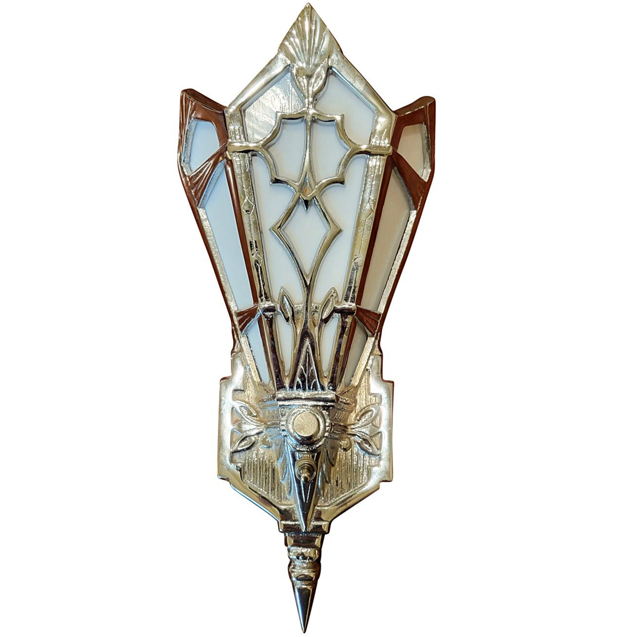 Antique Hardware 14 Inch Art Deco Stained Glass Shade White Opalescent Wall Sconce in Polished Chrome ART DECO LIGHTING